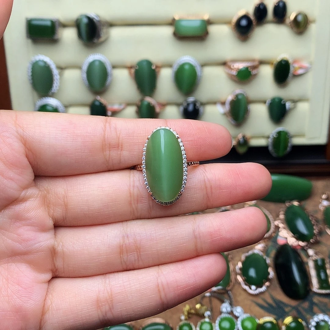 和田玉（碧玉）银S925镶嵌吊坠(不含链)戒指