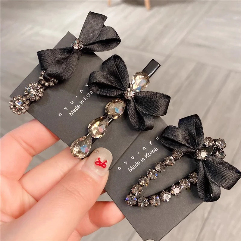韩国气质黑色缎带蝴蝶结鸭嘴夹轻奢水钻刘海夹少女洋气边夹发夹