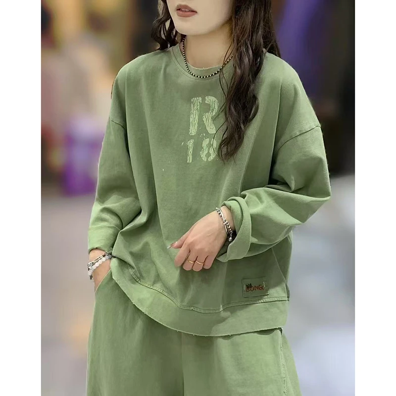 2025春季新款宽松百搭圆领印花T恤女韩版复古休闲长袖套头上衣ins