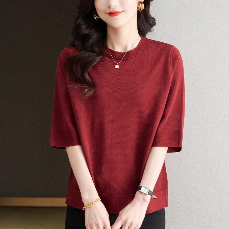 夏装大码中袖T恤女士宽松显瘦七分袖针织上衣内搭春秋纯色打底衫