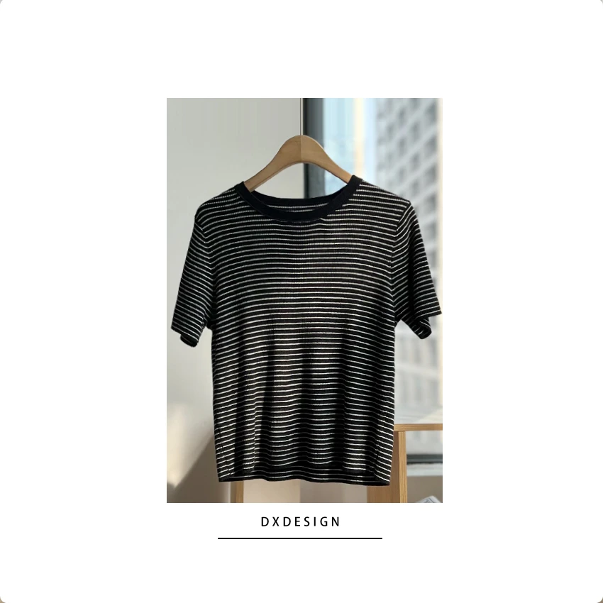 春夏季极简时髦显瘦圆领条纹短T 桑蚕丝羊毛混纺短袖针织内搭女
