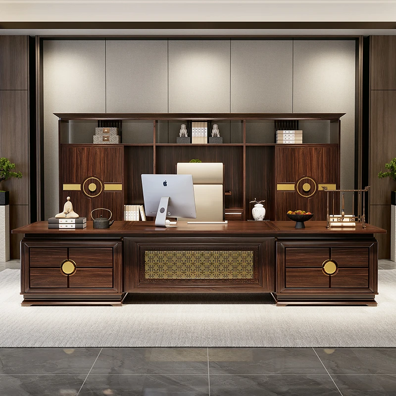 高端新中式实木老板桌椅组合大班台总裁桌乌金木办公室家具定制