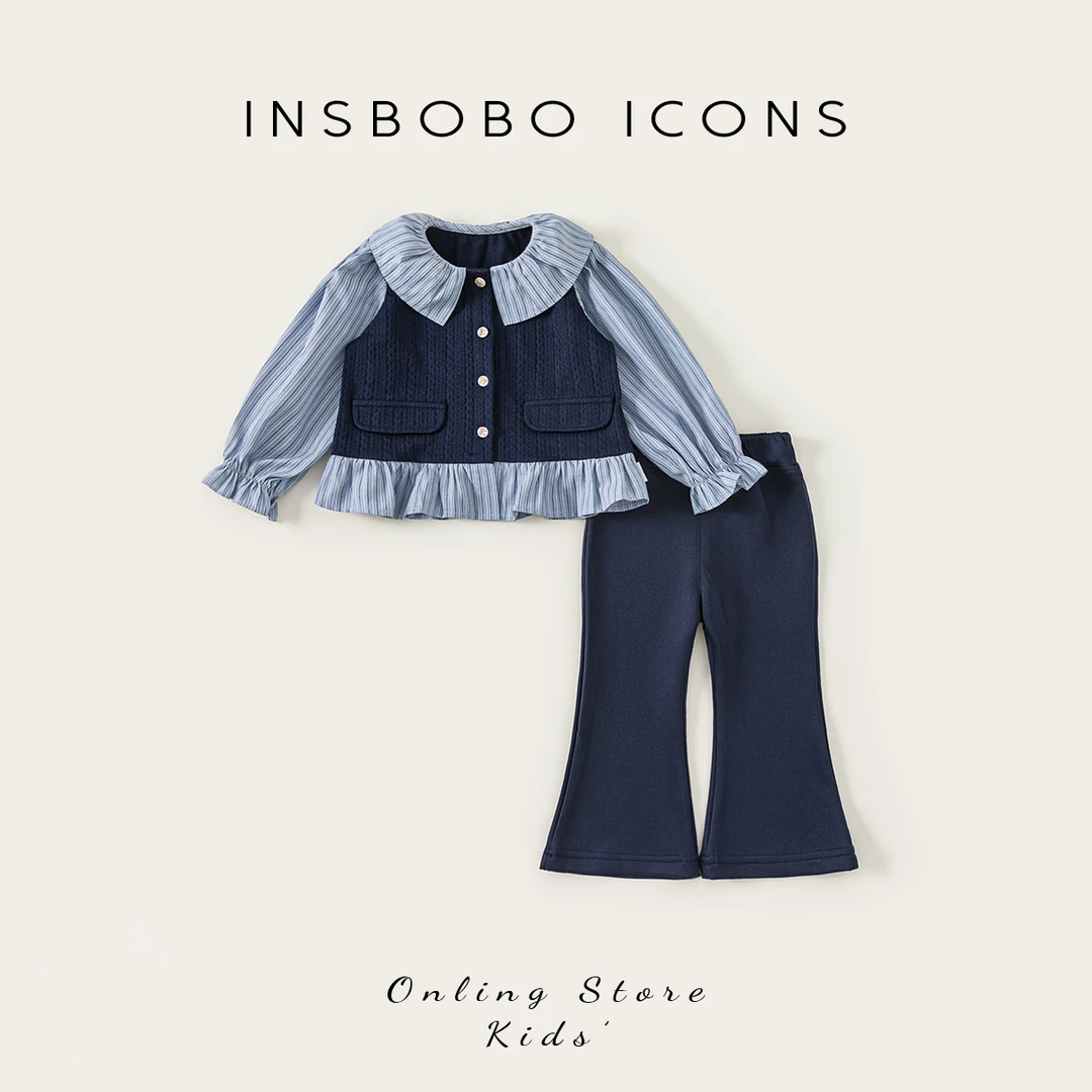 INSbobo秋款儿童翻领假两件袖口抽褶上衣+纯色简约微喇裤QT25077