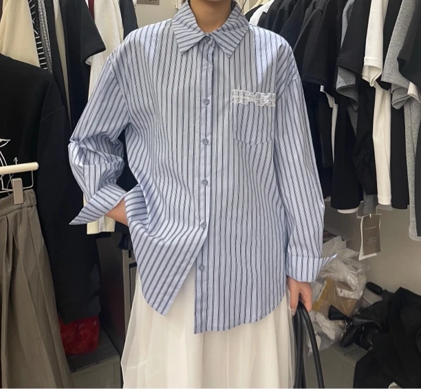 DL#81636春季新款口袋拼接蕾丝条纹衬衫，衣长：66cm