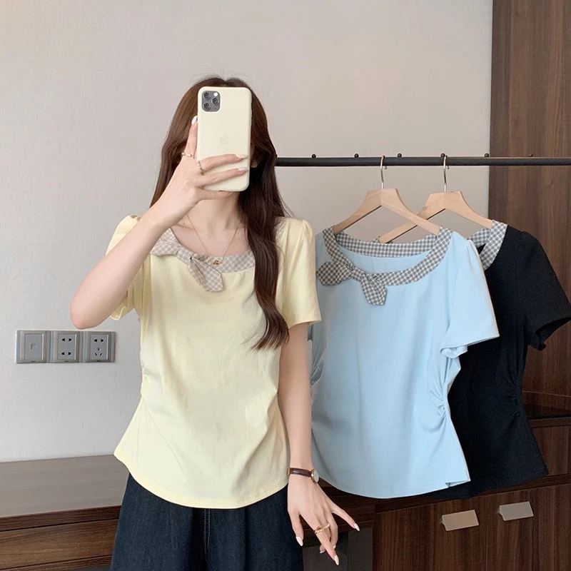时尚优雅显瘦拼接格子蝴蝶结弧形短袖T恤夏季新款2025大码女装