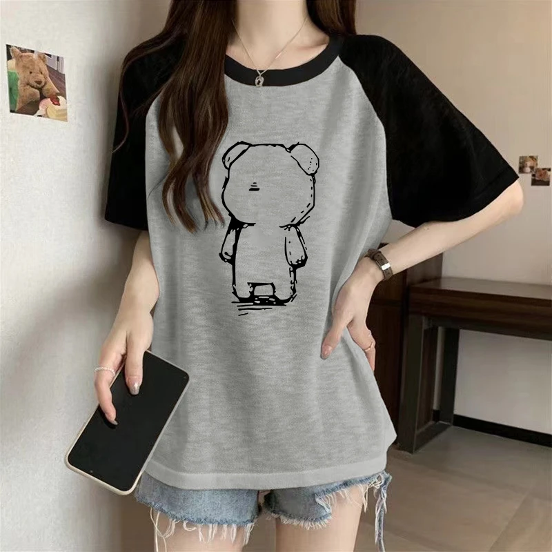 夏季新款竹节棉拼接短袖T恤女休闲百搭大码宽松圆领纯棉撞色上衣