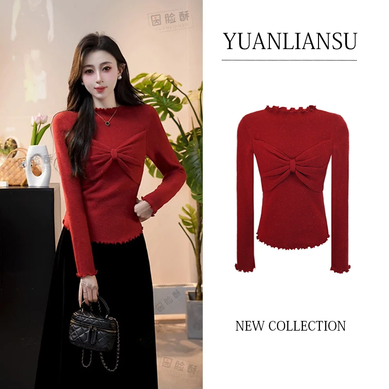 YUANLIANSU/圆脸酥【桃落晚晴】法式甜美气质红色蝴蝶结显瘦毛衣女