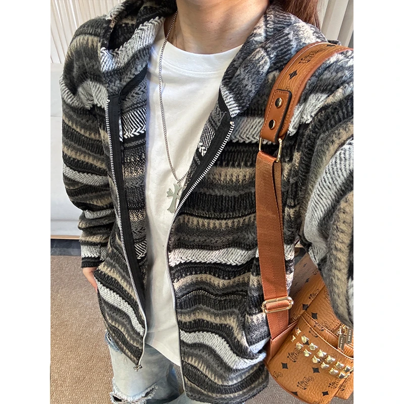 日系慵懒条纹秋季新款卫衣男美式复古毛呢宽松系休闲帽衫外套