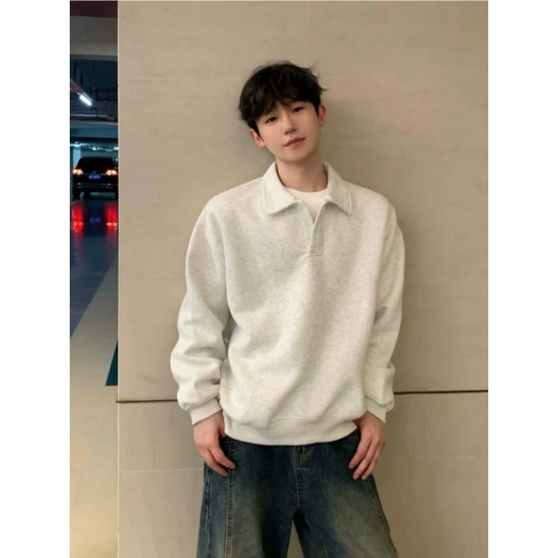 美式cleanfit简约宽松卫衣男生秋冬季重磅长袖polo衫潮牌打底t恤