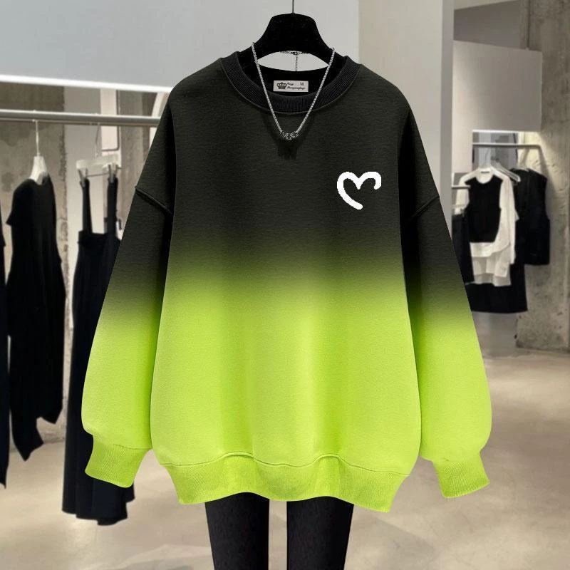 渐变色假两件女ins加绒2025秋冬季休闲小爱心薄款宽松圆领中长款