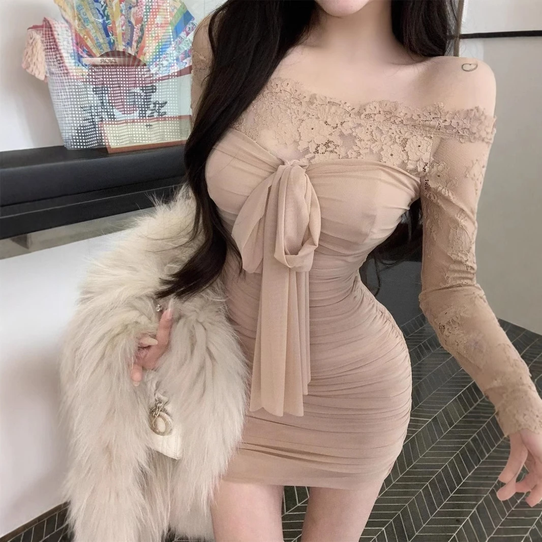 外贸现货一字肩性感蝴蝶结防晒长袖 连衣裙时尚蕾丝短裙子包臀裙