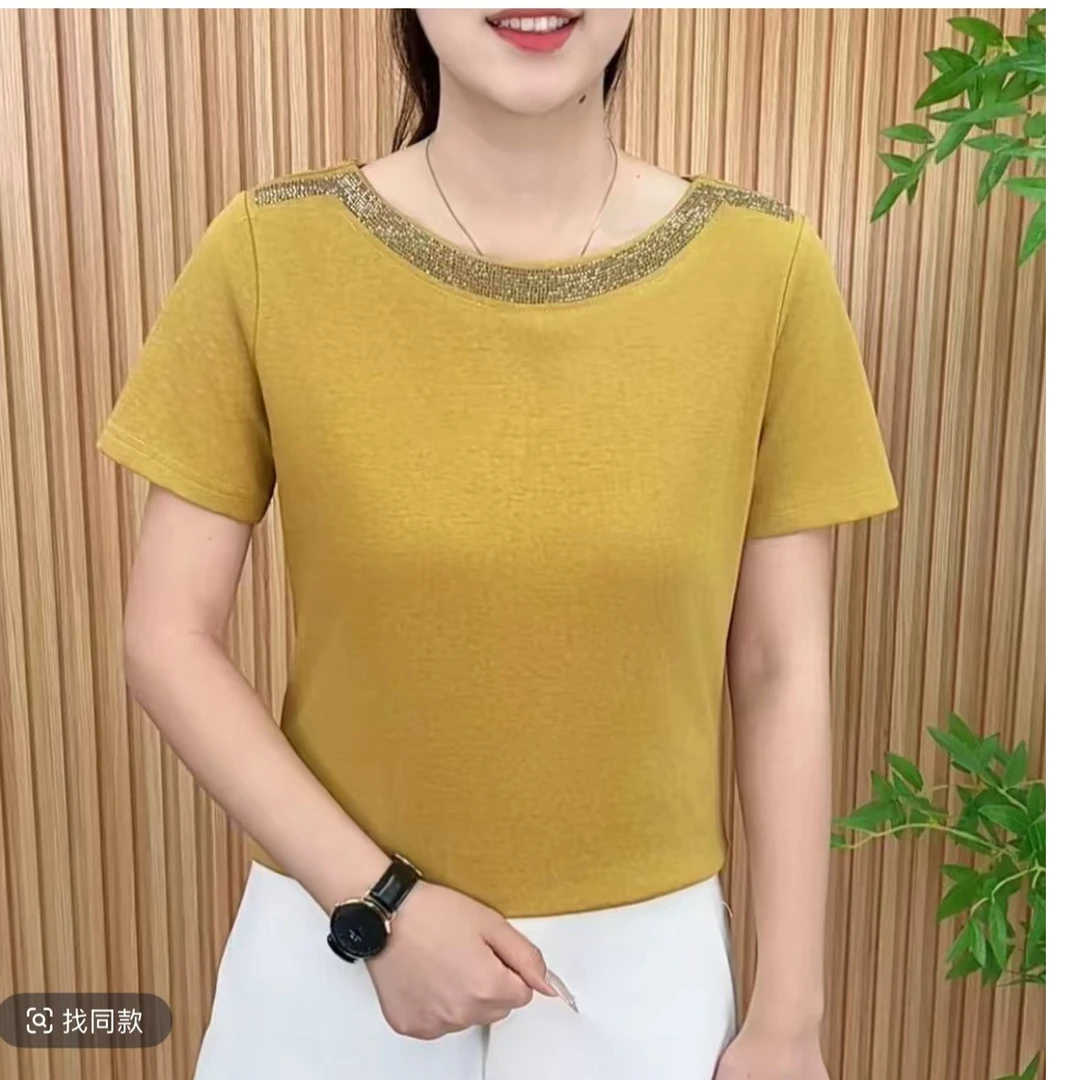 2025夏季时尚潮流新款简约烫钻纯色简约圆领百搭显瘦短袖