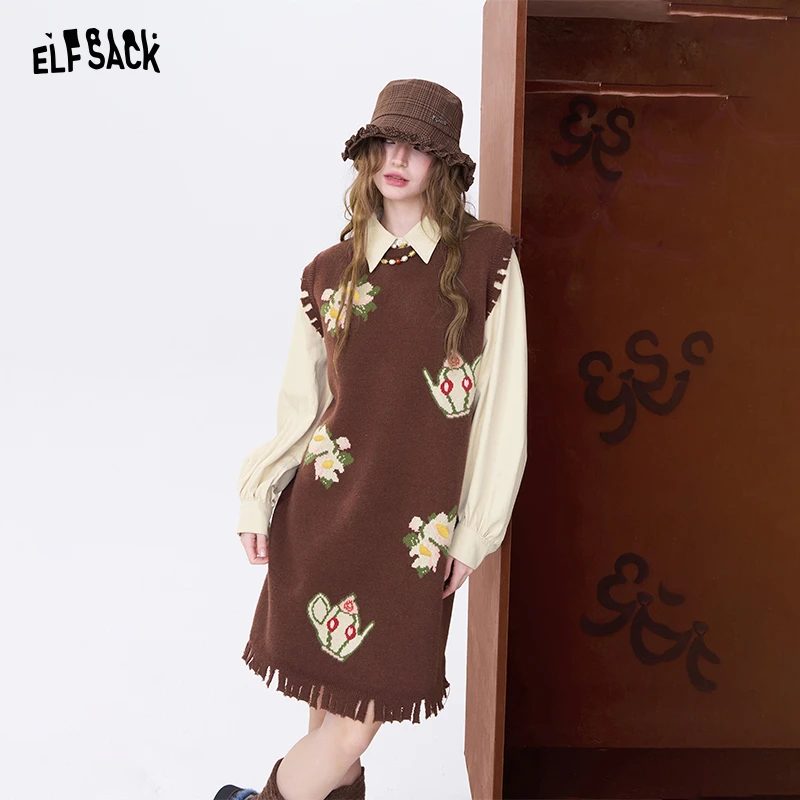 妖精的口袋原创提花假两件连衣裙女2025年冬季新款显瘦内搭针织裙