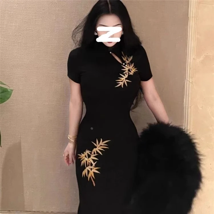 新中式国风改良黑色金竹旗袍夏季新款覆古优雅气质开 叉短袖洋装