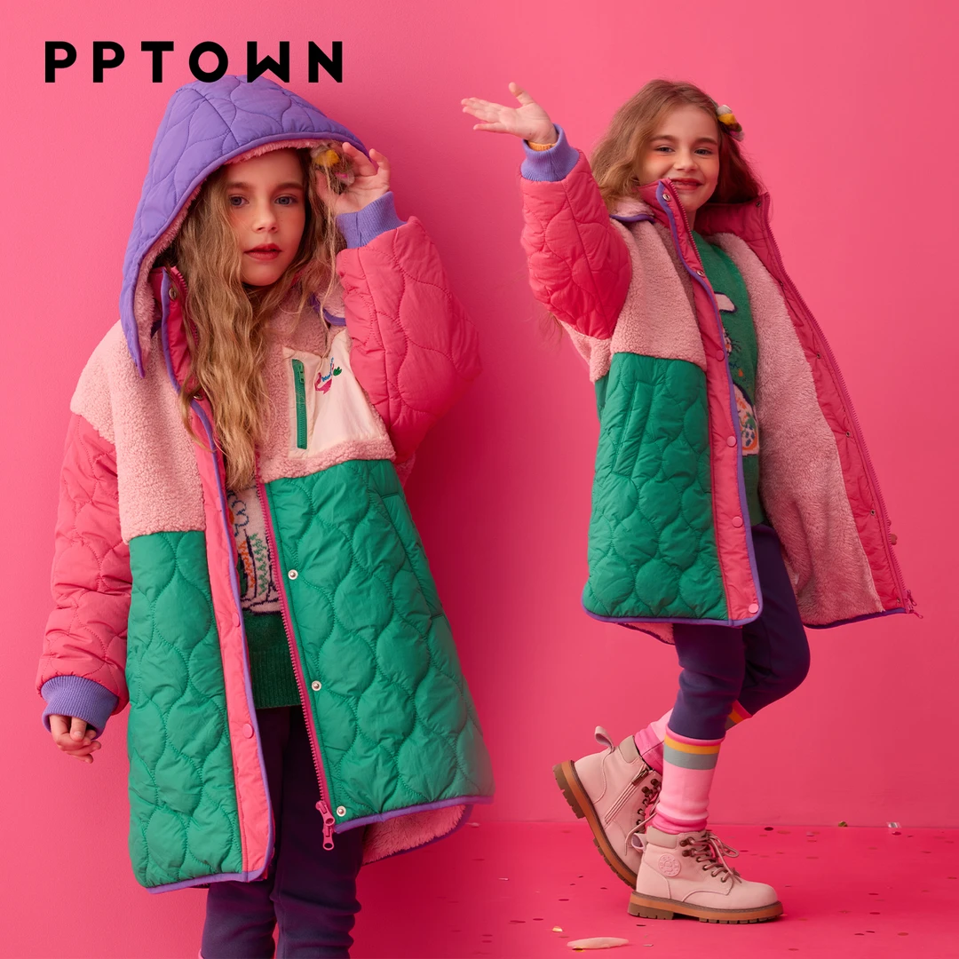 女童长款棉服加绒撞色夹棉2025冬季新款百搭外套巴巴小镇14122