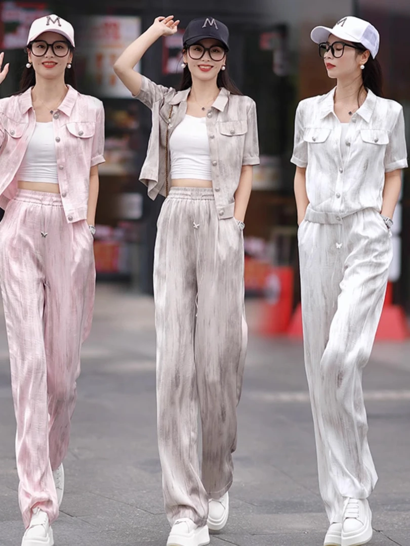 时尚翻领短袖阔腿裤两件套女夏季薄款2025新款休闲洋气质垂感套装