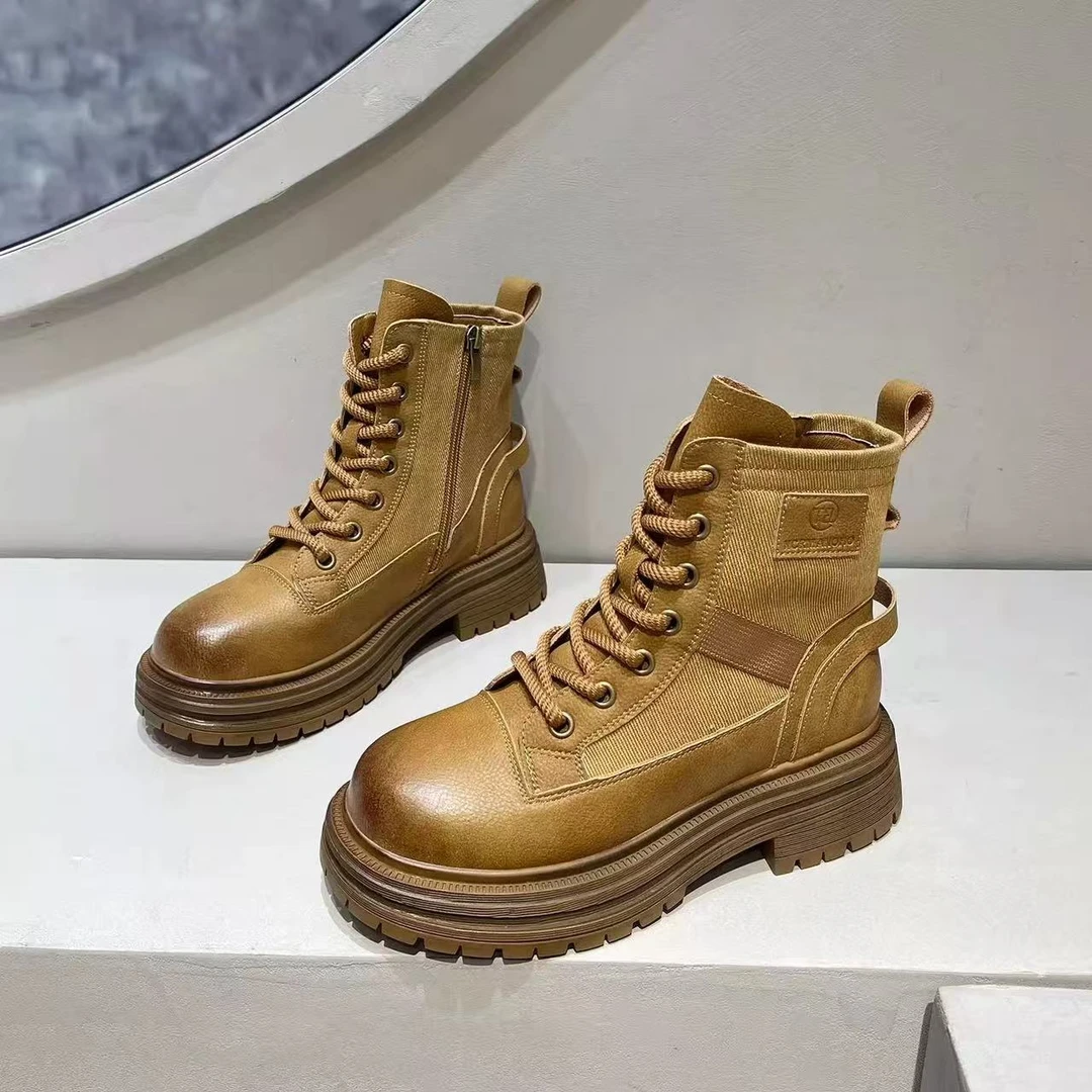 W0551G厚底马丁靴女新款百搭大黄靴英伦风复古短靴 单里