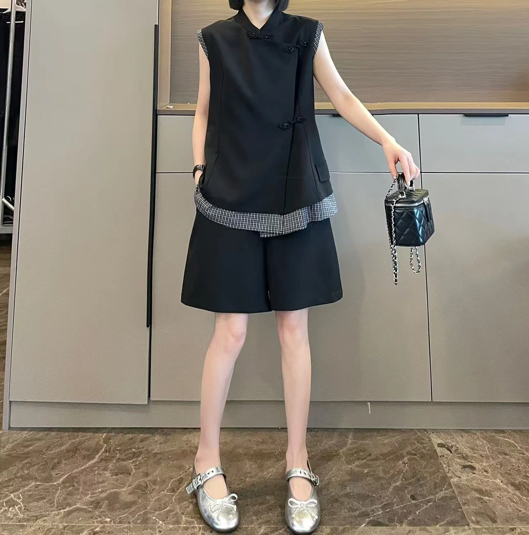 米可/MK-2529LJ【新中式拼格纹马甲中裤套装】时尚夏季新款两件套