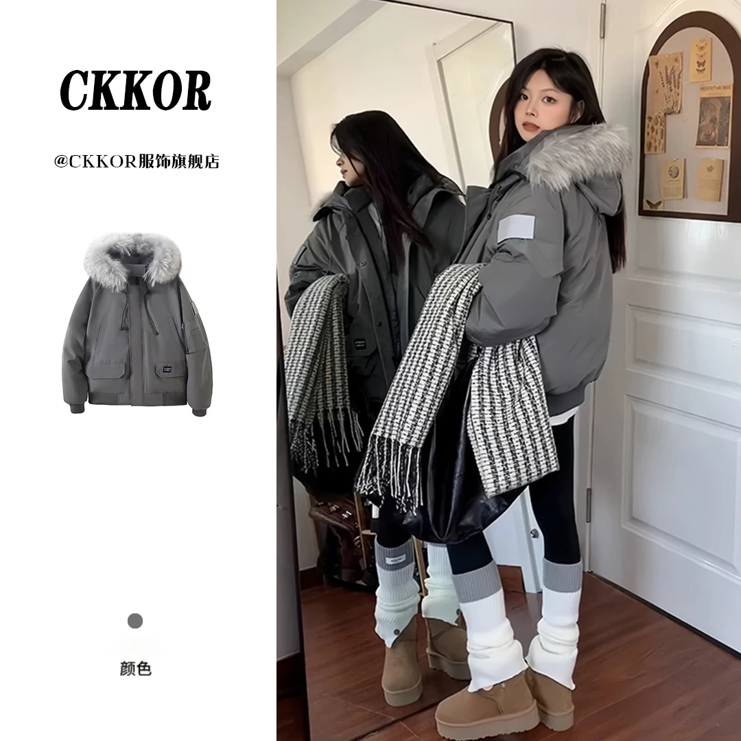 CKKOR冬天休闲服加厚保暖毛领棉服外套女美式复古潮牌宽松派克服