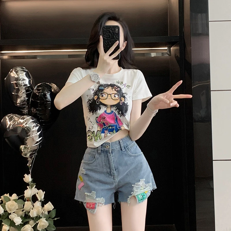 欧货卡通女孩纯棉时尚圆领撞色短袖T恤女百搭上衣夏季2025小众t恤