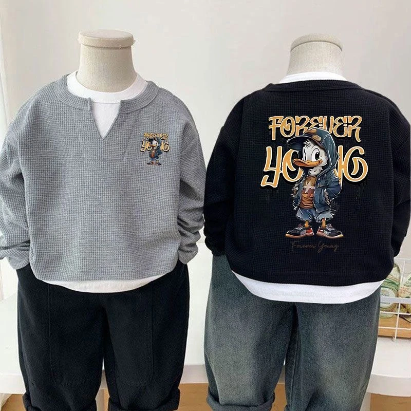 儿童外出服春秋装男童女童华夫格卫衣早秋宝宝纯色打底衫宽松韩版