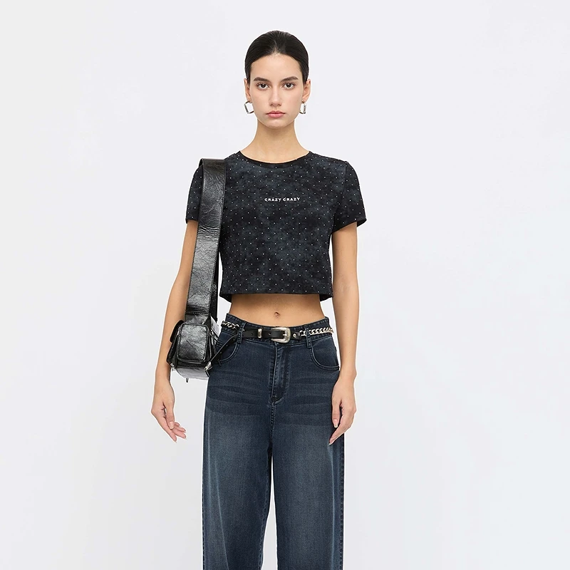 sdeer圣迪奥女装25年新品时尚个性圆领字母晕染短款T恤S25260109