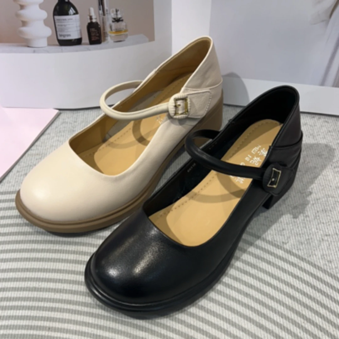 美妮66515春季新款厚底高跟黑色优雅百搭小皮鞋
