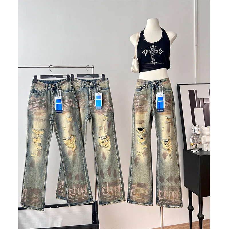 尾郎的店美式高街复古破洞牛仔裤男潮牌痞帅炸街直筒宽松裤子情侣