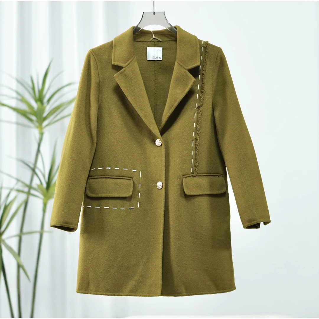 【诗M】S688 女装秋冬中长款双面毛呢大衣茶棕色2598751