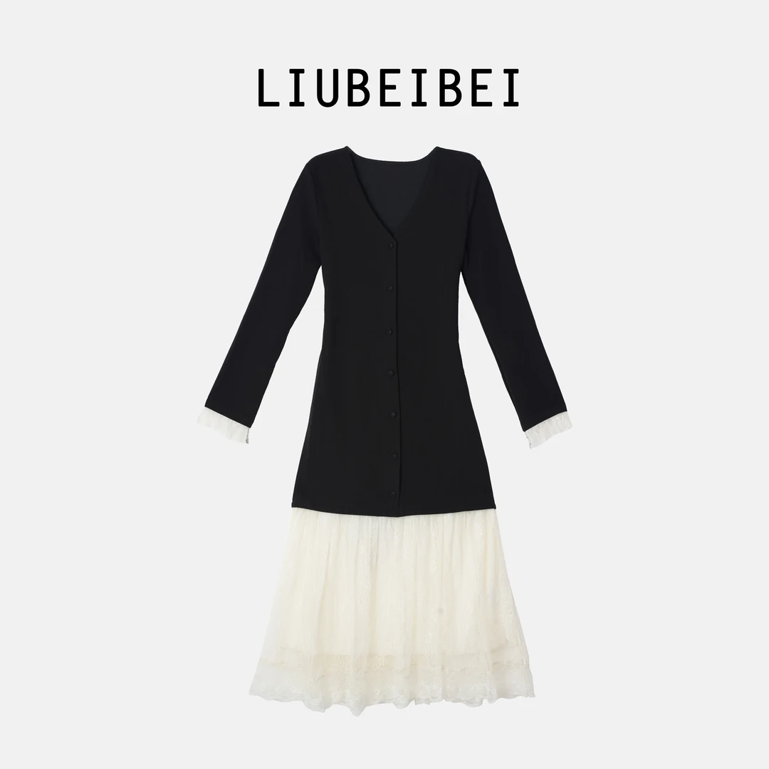 LIUBEIBEI[微风呢喃]2025新款法式浪漫V领拼接蕾丝连衣裙-8618