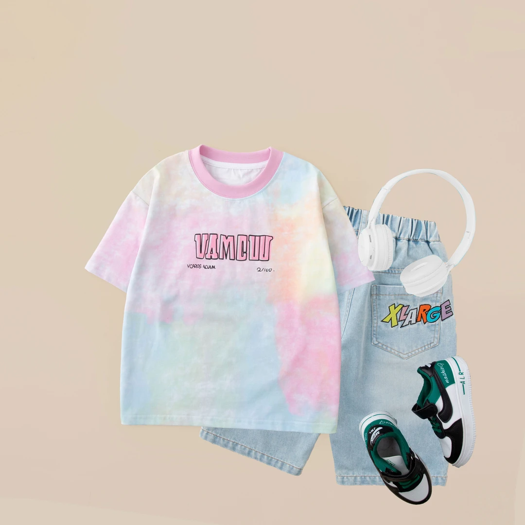 儿童夏款短袖T恤2025新款男童女童潮流时尚扎染T恤BX6515华子童装