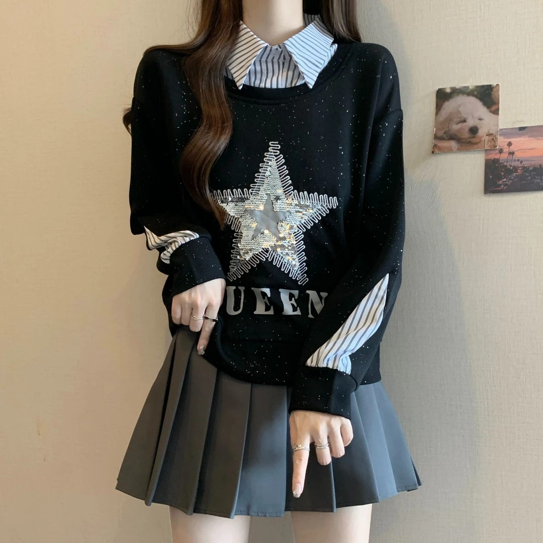 大码假两件POLO领条纹拼接卫衣女春秋微胖MM宽松显瘦洋气亮片上衣