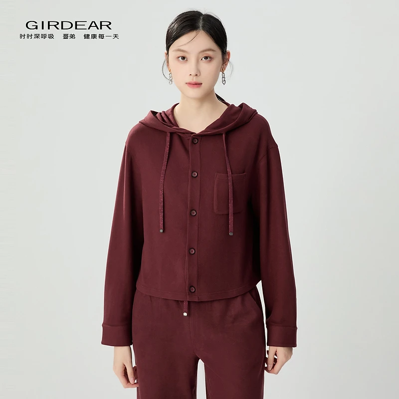 哥弟品质女装新款时尚百搭磨毛保暖连帽落肩纽扣厚款卫衣1301047