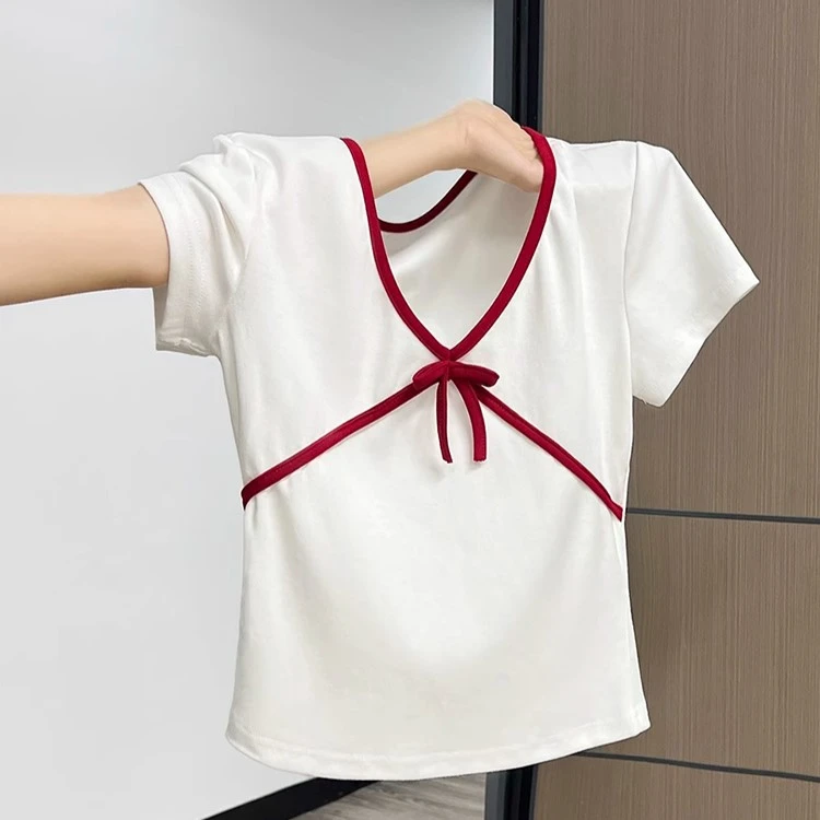 小个子韩系甜美修身短袖T恤女装V领棉款今年夏季新款洋气辣妹上衣
