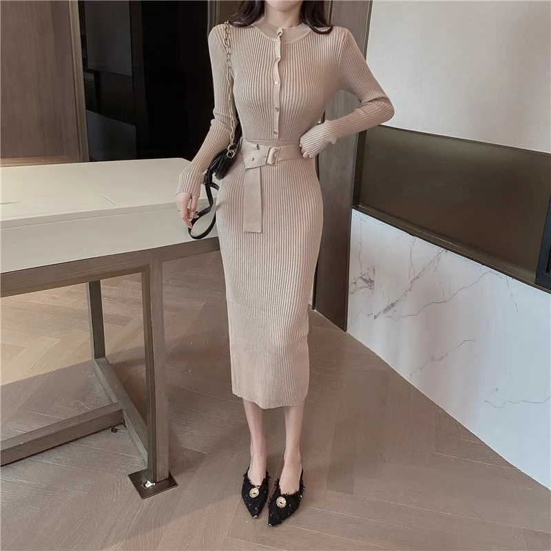 秋冬法式复古显瘦气质时尚名媛针织包臀收腰修身打底长款过膝碎花