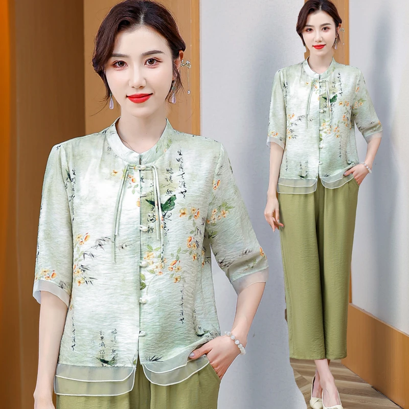 妈妈装宽松开衫衬衣中老年人女装套装小衫夏季中国风衬衫两件套
