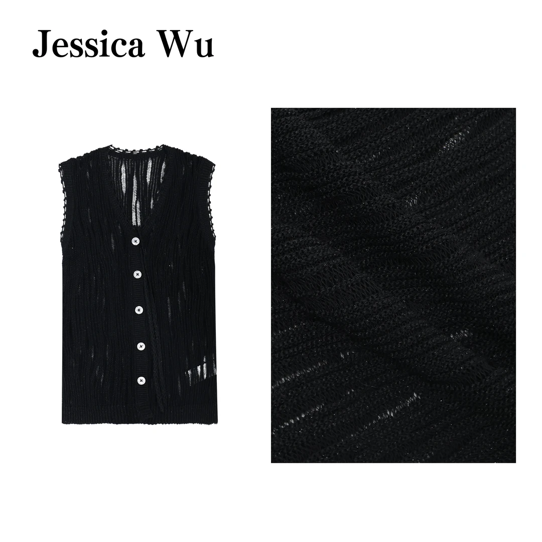 JESSICA WU流沙海岸~进口定制纱手工钩花边镂空珠片针织上衣