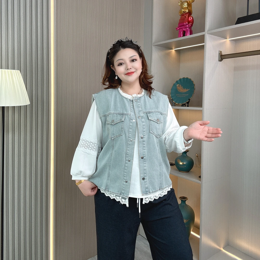 蕾丝拼接牛仔马甲女春秋新款大码胖mm宽松百搭小个子无袖坎肩外套