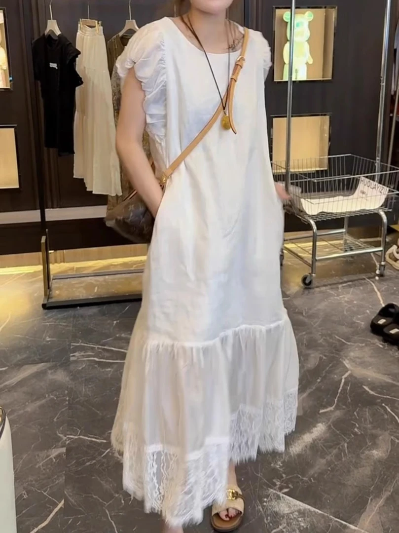 2025夏季爆款白色镂空蕾丝洋气减龄亚麻连衣裙气质裙子拼接鱼尾裙