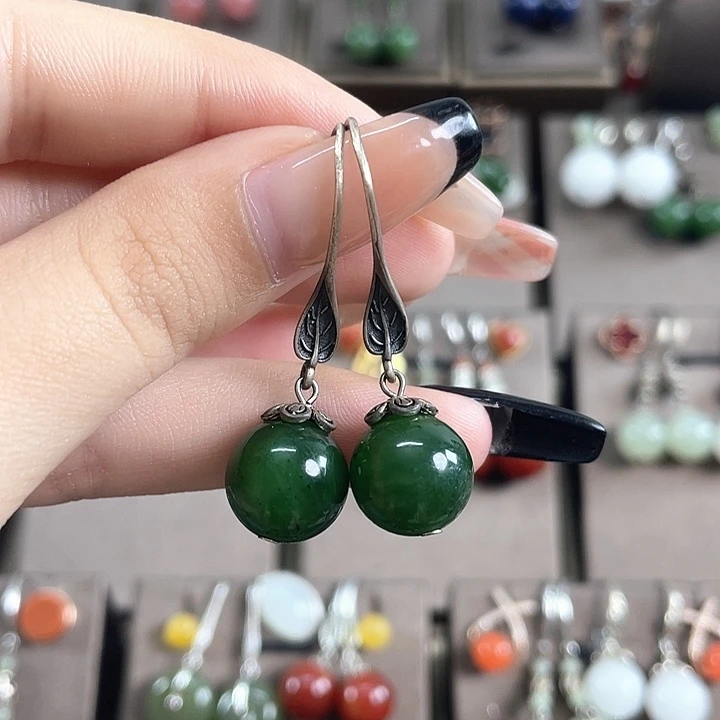 和田玉（碧玉）银S925镶嵌耳饰12左右