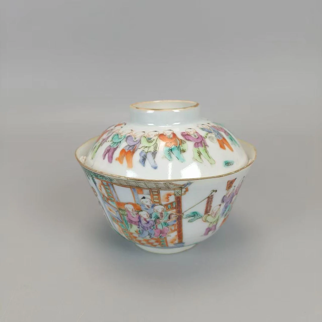 jdz-5110004 清末 粉彩影戏两才盖碗