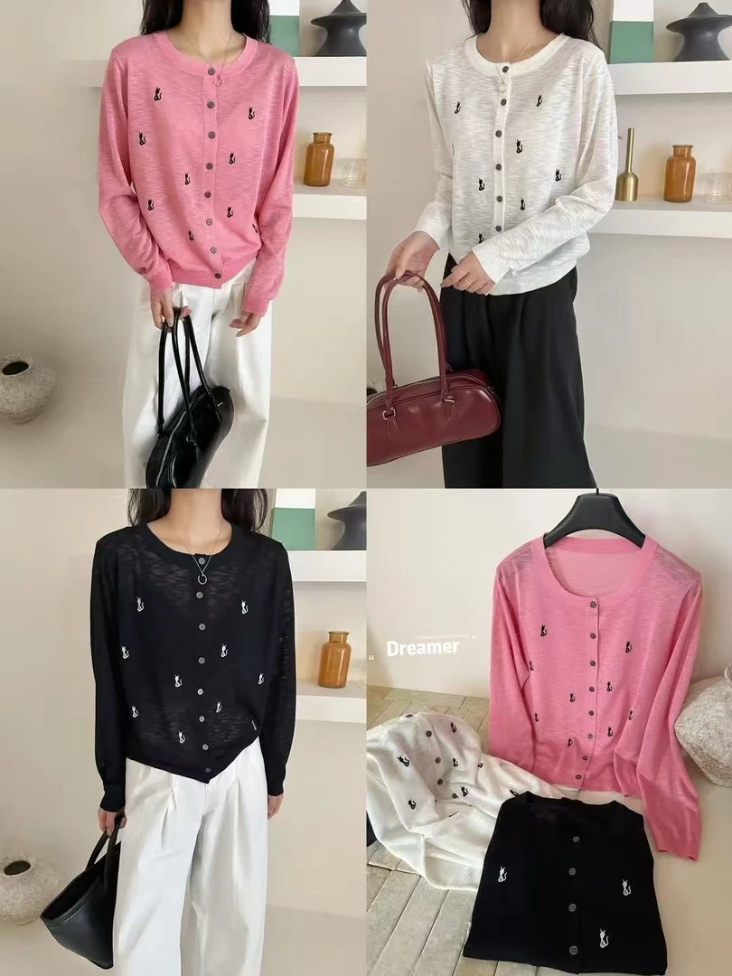 卡通猫咪刺绣针织开衫女