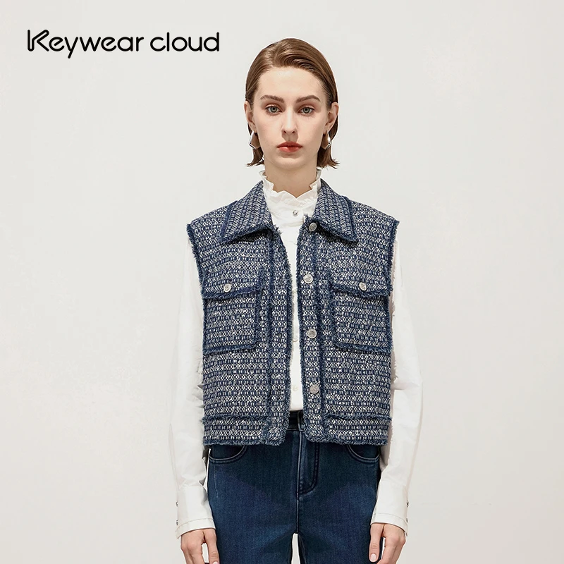 Keywearcloud奇威秋冬沉稳气质提花珠片绣叠穿背心小香风短款马夹