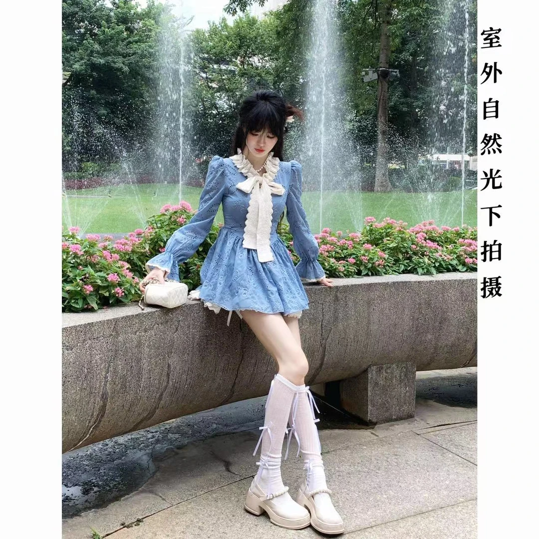 【千金推荐】法式蓝色镂空刺绣时尚长袖公主连衣裙SQJAQ404413