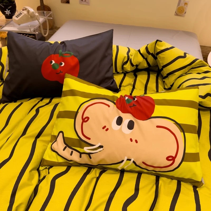 ins卡通全棉数码印花四件套黑色条纹苹果小象纯棉被套床单三件套