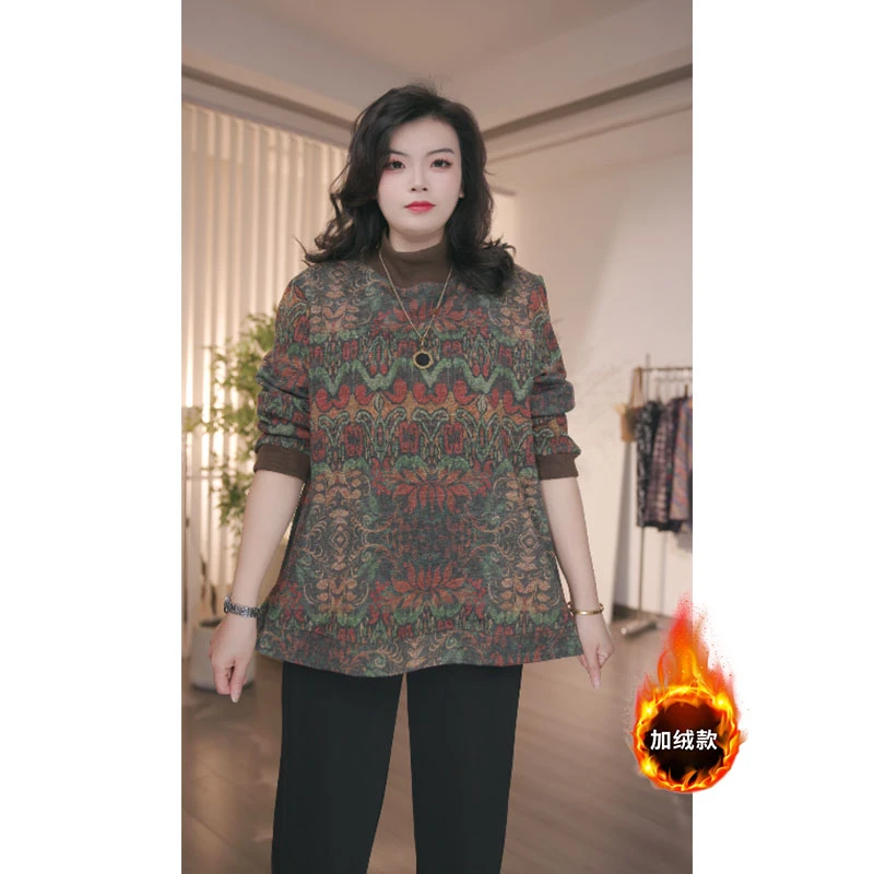 大码女装半高领时尚复古植物花卉秋冬加绒款中老年女装