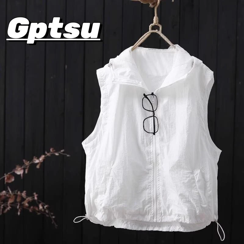 GPTSu连帽无袖纯色背心马甲防晒衣男士夏季薄款宽松休闲坎肩上衣