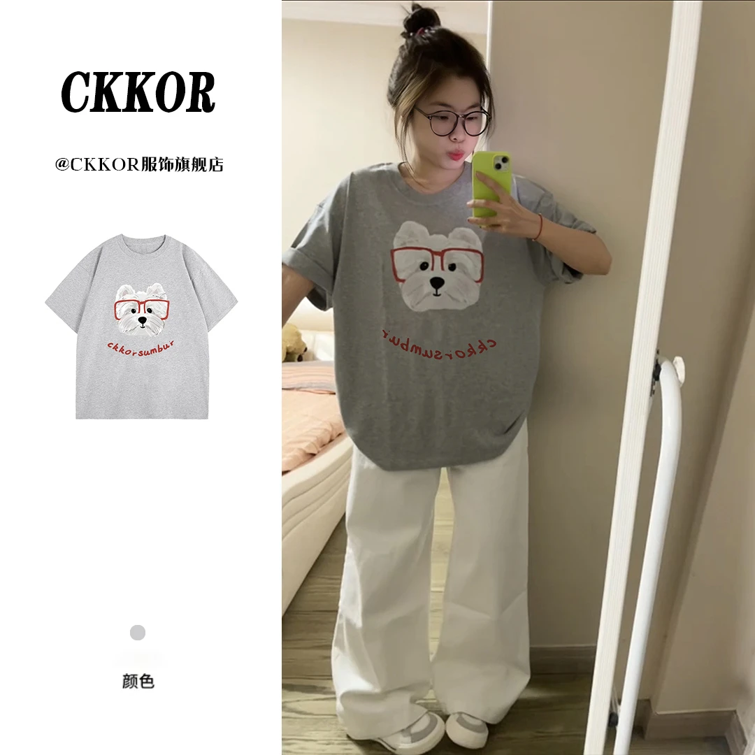 CKKOR夏季新款穿搭卡通t恤女短袖休闲百搭潮牌设计感纯棉圆领上衣