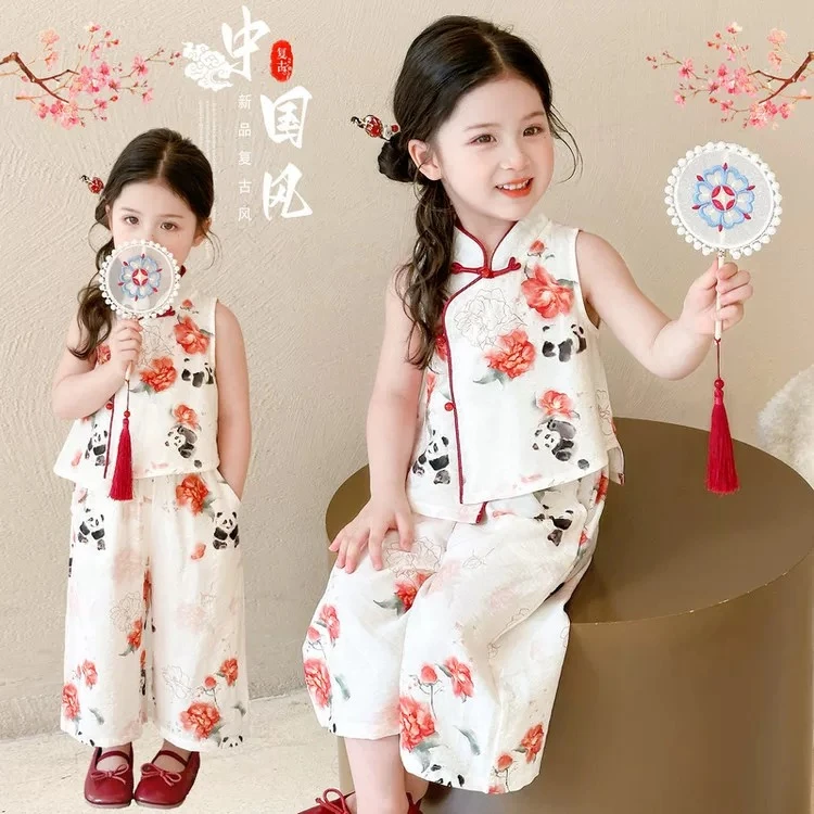 汉服女童无袖套装夏季新中式小女孩古风旗袍唐装中国风儿童演出服
