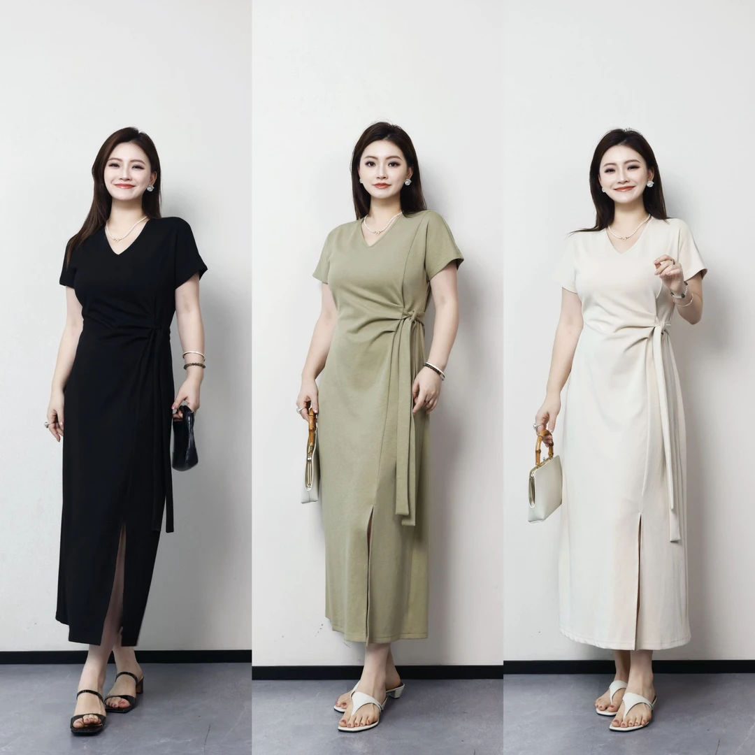 裂渡杨杨【霁月清风】微胖大码女夏气质收腰系带连袖连衣裙ZY505A54